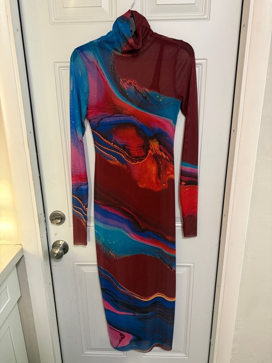 AFRM Dresses & Skirts - AFRM Long Sleeve Turtleneck Dress in Burgundy and Blue Marble Print